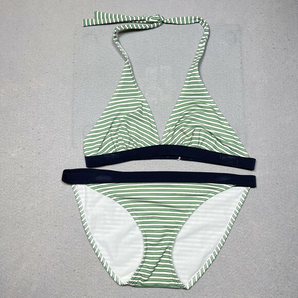 Ann Taylor LOFT Bikini Set Women Size Large Green White Stripe Halter Swimwear - Picture 1 of 10